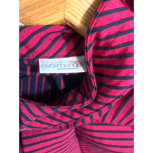 Eva Mendes Red Black Striped Fit & Flare Sleeveless Dress M Cowl Neck Belted - Picture 3 of 12